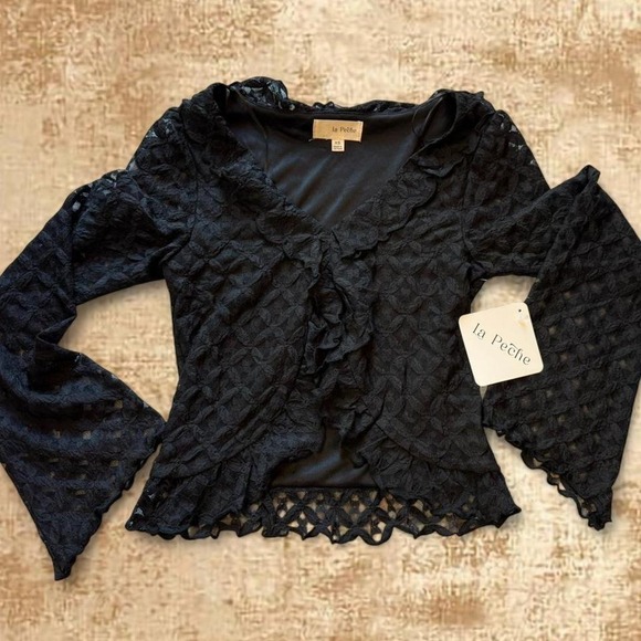 Tops - Fairycore Lace Long Sleeve black Top with ruffles and bell sleeves   – XS – NWT